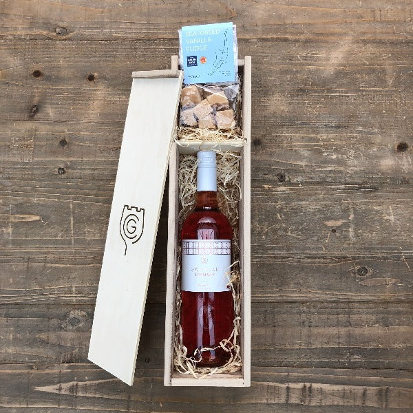 Wine and Halen Môn Fudge Wooden Gift Box